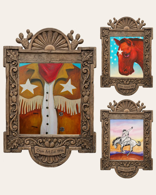 The Cowboy Stars Set — set of 3 wall art: Cowboy Stars Fringe Vest, Star Horse Dreamer, Bronc Buster Sunset by Caya Crum | Crum Art