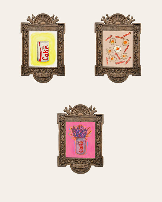 The Diet Coke Set — set of 3 kitchen wall art prints by Crum Art in carved wood frames, Crum Art