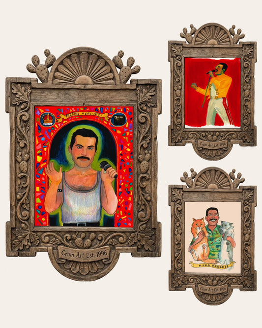 The Freddie Set — set of 3 wall art: Saint Freddie Mercury, Freddie Live Aid 1985, Freddie Mercury Cats by Caya Crum | Crum Art