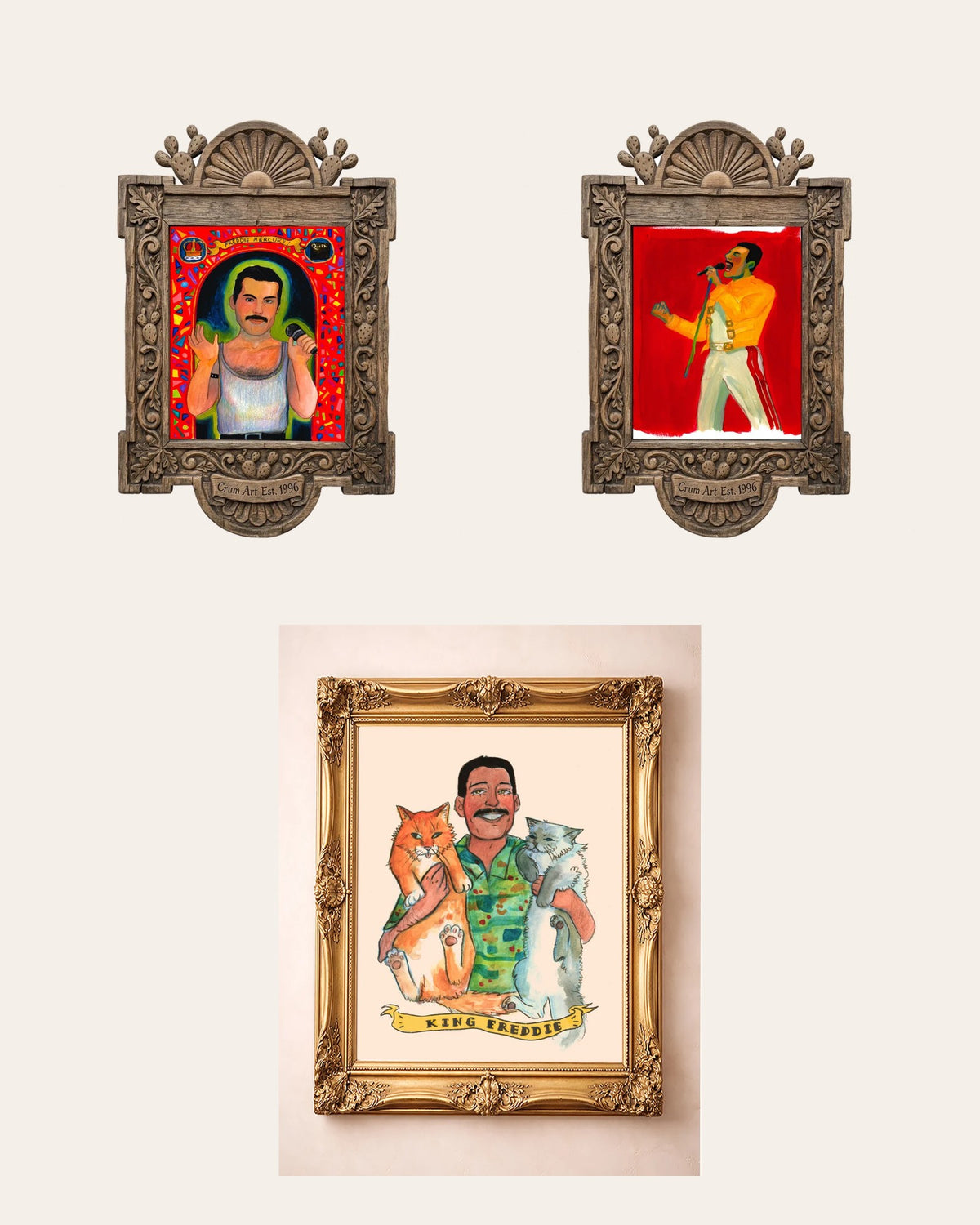The Freddie Set — set of 3 wall art: Saint Freddie Mercury, Freddie Live Aid 1985, Freddie Mercury Cats by Caya Crum | Crum Art