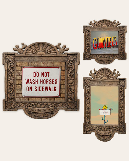 The Funny Signs Set — set of 3 funny wall art prints by Crum Art in carved wood frames, Crum Art