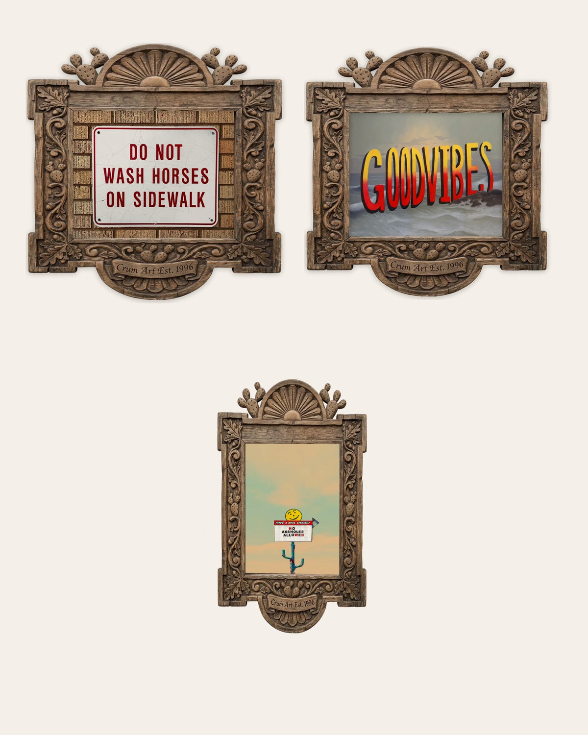 The Funny Signs Set — set of 3 funny wall art prints by Crum Art in carved wood frames, Crum Art