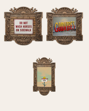 The Funny Signs Set — set of 3 funny wall art prints by Crum Art in carved wood frames, Crum Art
