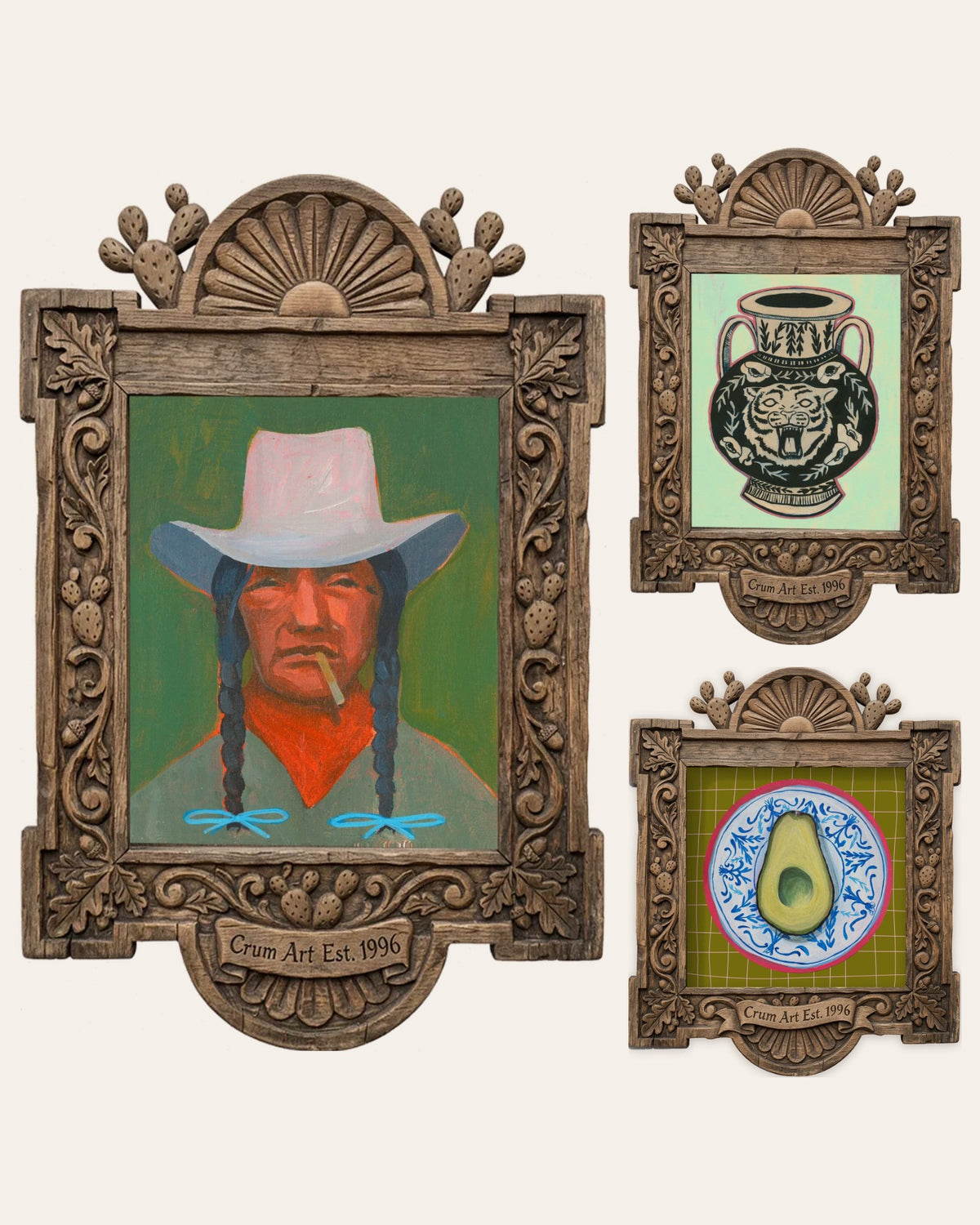 The Greens Set — set of 3 wall art: Tex, Tiger Amphora Mint Green, Avocado on a Chinoiserie Plate by Caya Crum | Crum Art