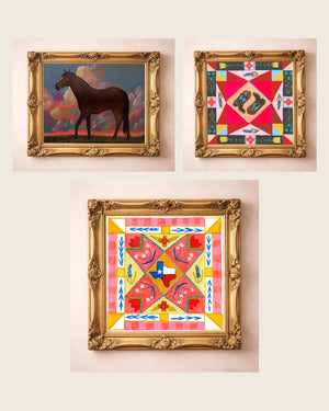 The Hero Set — set of 3 wall art: Horse & Clouds, Cowboy Boots Quilt Square, Bluebonnet Quilt Square by Caya Crum | Crum Art