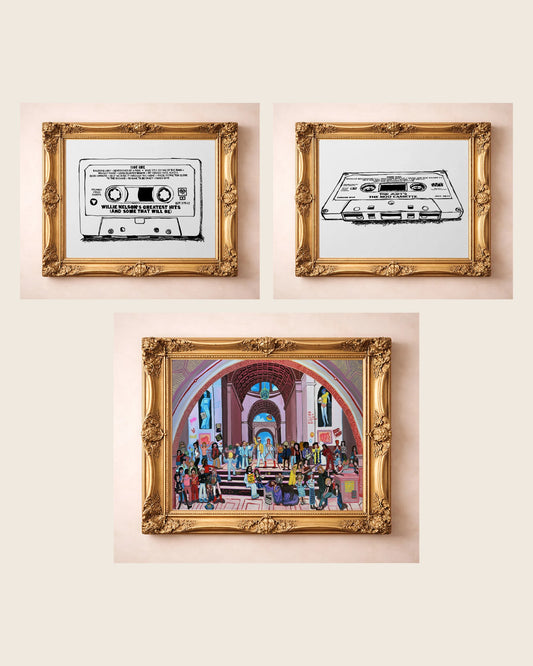 The Mixtape Set — set of 3 wall art: Willie Nelson Cassette B&W, The Judy's Moo Cassette, School of Rock Old Masters by Crum Art | Crum Art