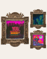 The Neon Night Set — set of 3 pink wall art prints by Caya Crum in carved wood frames, Crum Art