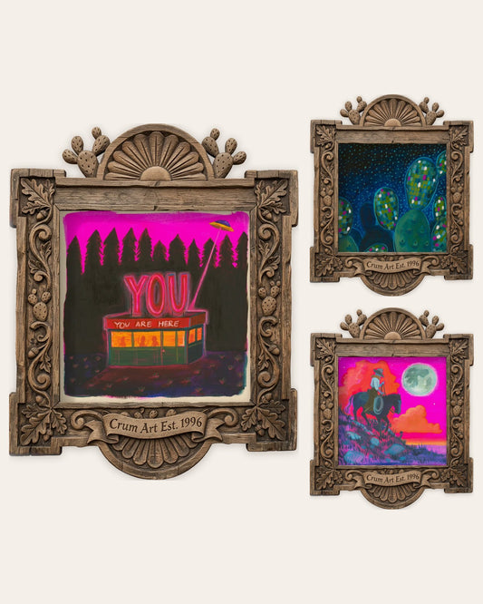 The Neon Night Set — set of 3 pink wall art prints by Caya Crum in carved wood frames, Crum Art
