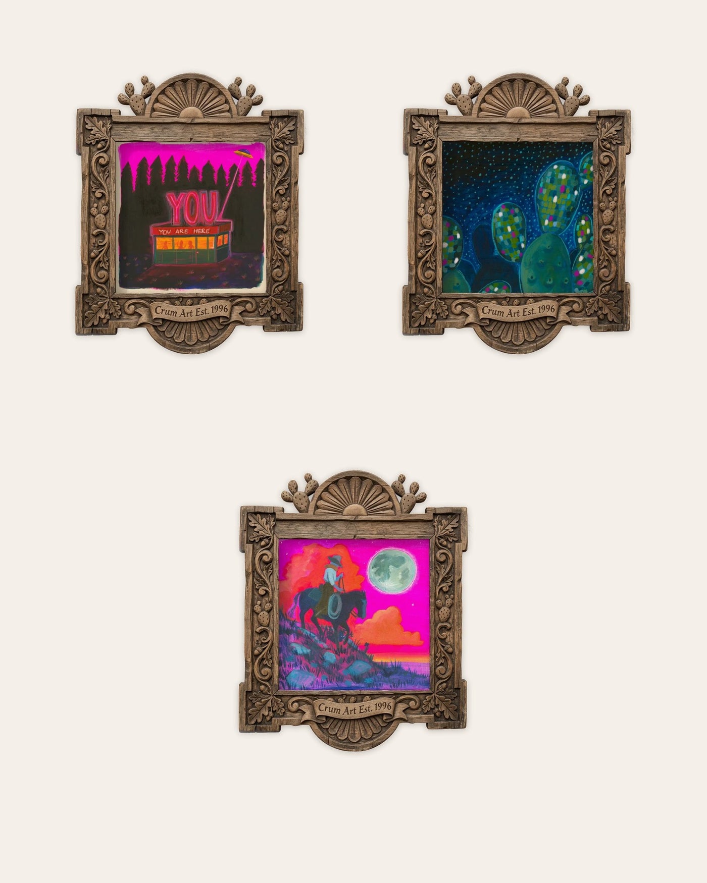 The Neon Night Set — set of 3 pink wall art prints by Caya Crum in carved wood frames, Crum Art