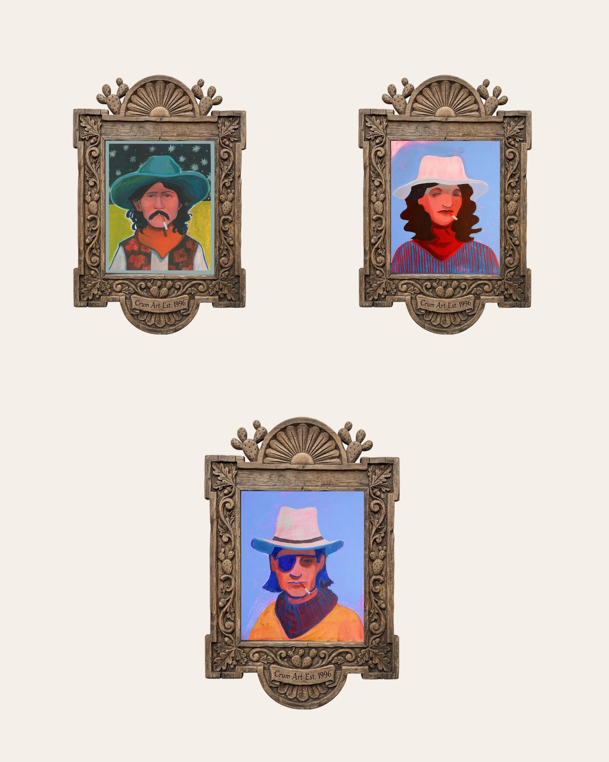 The Night Ride Set — set of 3 wall art: Hank, Mildred Boho, Eye Patch Cowboy by Caya Crum | Crum Art