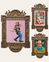 The Outlaw Set — set of 3 cowboy wall art prints by Caya Crum in carved wood frames, Crum Art