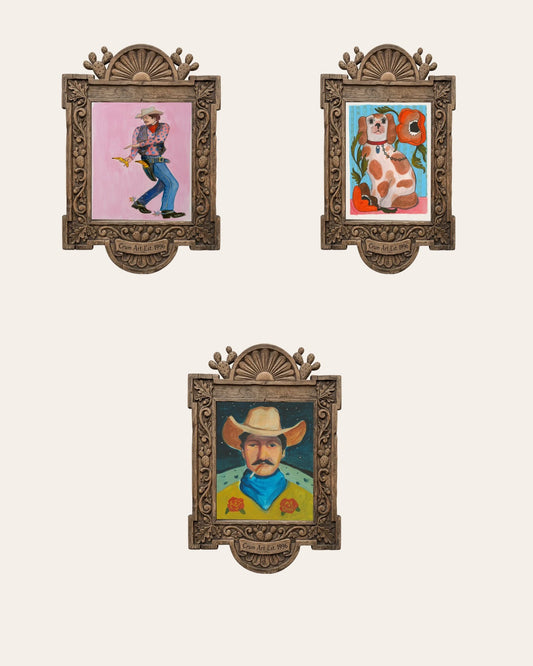 The Outlaw Set — set of 3 cowboy wall art prints by Caya Crum in carved wood frames, Crum Art