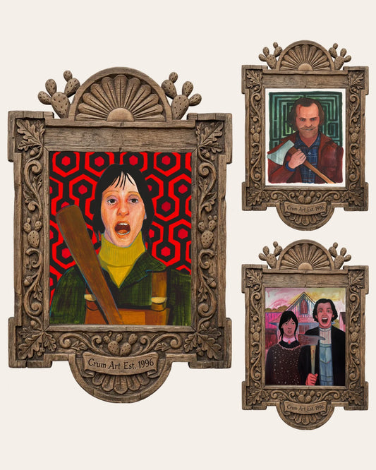 The Overlook Set — set of 3 The Shining prints by Caya Crum in carved wood frames, Crum Art