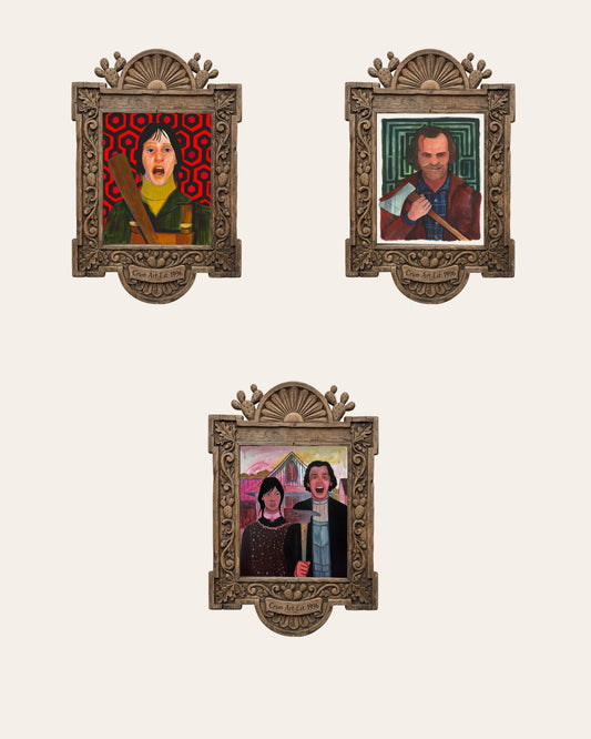 The Overlook Set — set of 3 The Shining prints by Caya Crum in carved wood frames, Crum Art