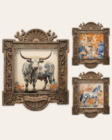 The Pasture Set — set of 3 wall art: Blue & White Longhorn Bull, Blue & White Rabbit, Blue & White Full Body Horse by Crum Art | Crum Art