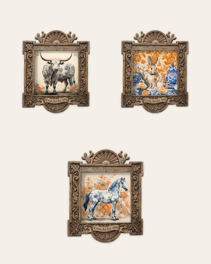 The Pasture Set — set of 3 wall art: Blue & White Longhorn Bull, Blue & White Rabbit, Blue & White Full Body Horse by Crum Art | Crum Art