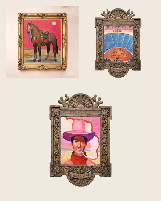 Set of 3 wall art — The Pink Sky Set by Caya Crum: saddled horse under a pink sky, Fort Worth rodeo arena, and pink desert cowboy, all framed