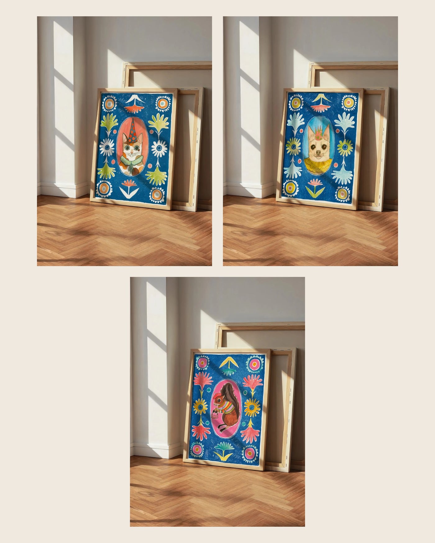 The Poppett Set — Party Cat, Chip the Party Dog and Ms. Squirrel & Purse, set of 3 wall art prints by Caya Crum, framed