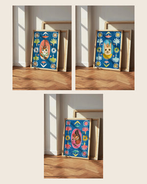 The Poppett Set — Party Cat, Chip the Party Dog and Ms. Squirrel & Purse, set of 3 wall art prints by Caya Crum, framed