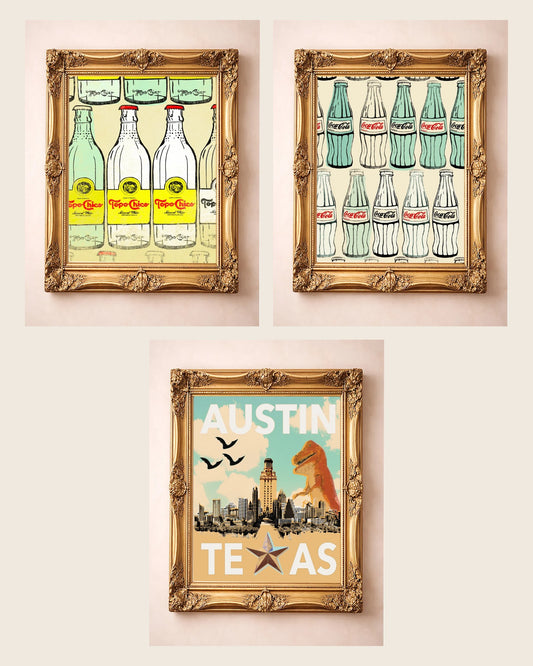 The Refresco Set — set of 3 wall art: Made in Mexico Print, Coca-Cola Print, Travel Poster Print by Betsy Crum | Crum Art