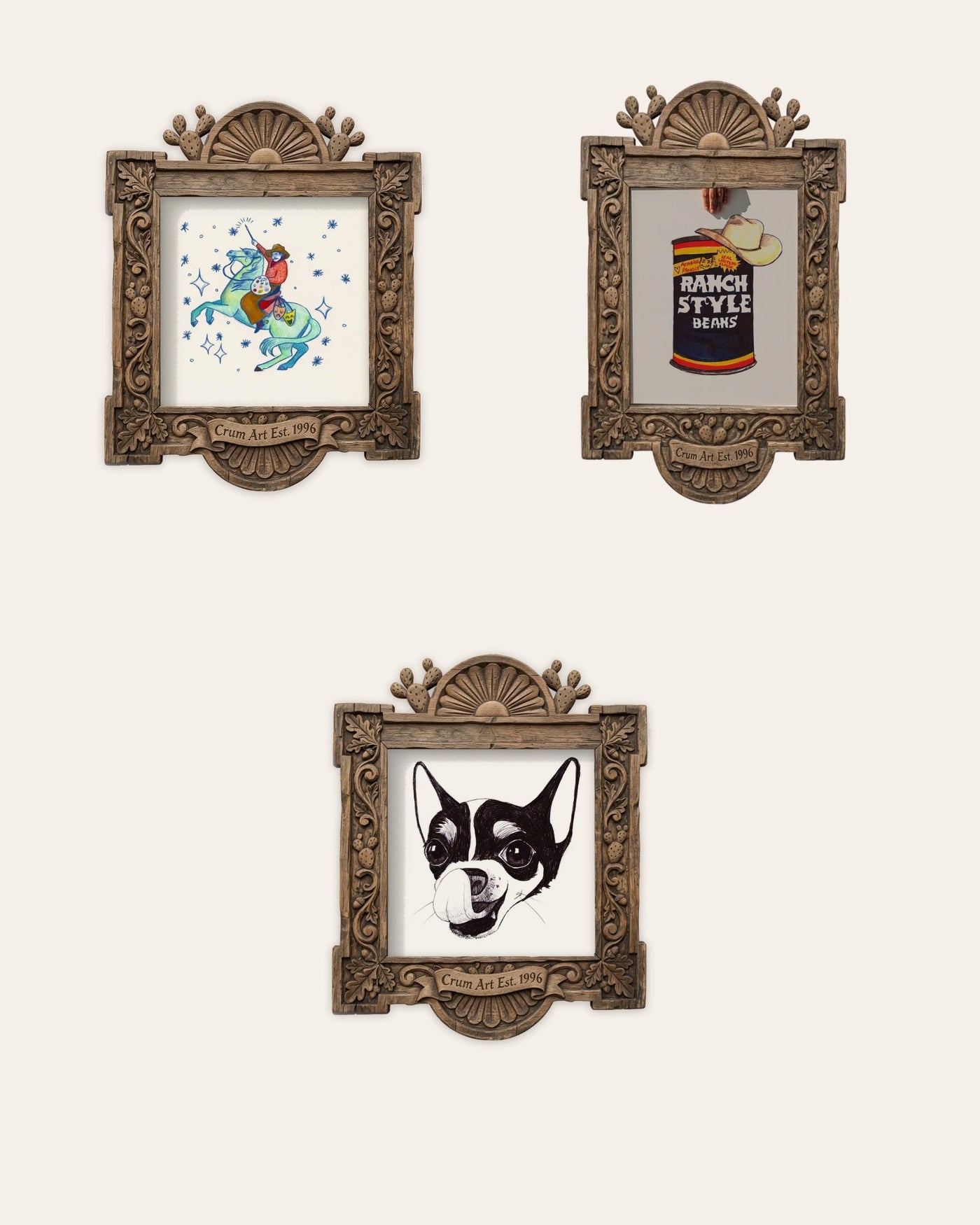 The Sketchbook Set — set of 3 wall art prints by Caya Crum in carved wood frames, Crum Art