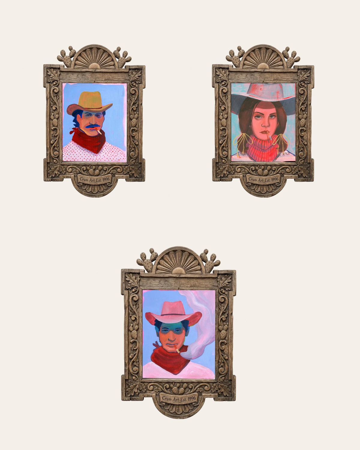 The Smoke Break Set — set of 3 wall art: Waylon, Lana, Smoke Ring Cowboy by Caya Crum | Crum Art