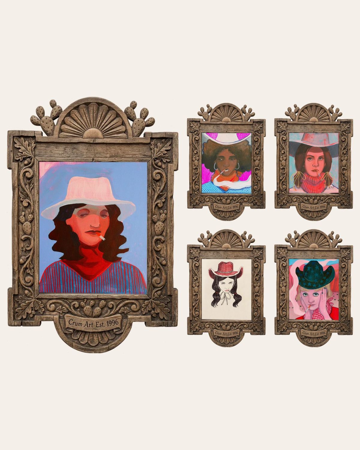 The Smoking Cowgirls Set — 5 piece cowgirl wall art: Mildred, Dorothy, Lana, Tavi and Emma by Caya Crum | Crum Art