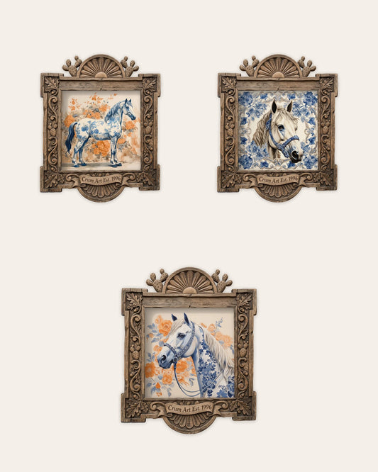 The Stable Set — set of 3 wall art: Blue & White Full Body Horse, Blue & White Horse Portrait, Blue & White Horse by Crum Art | Crum Art
