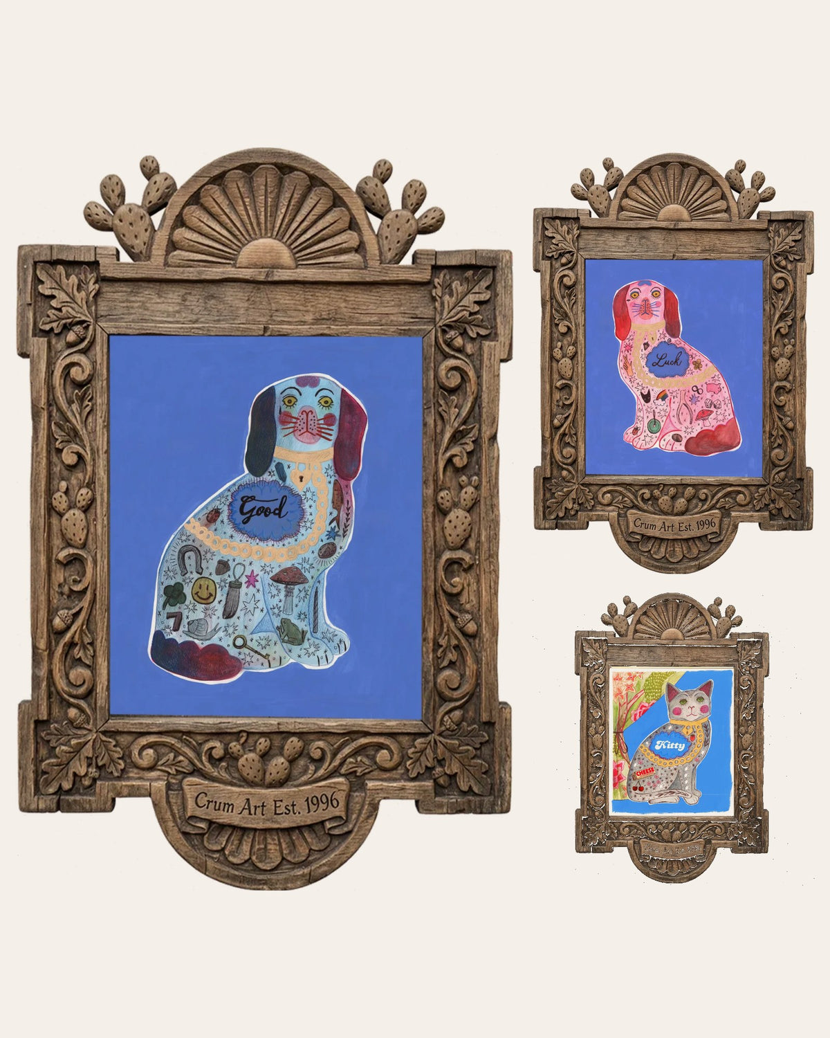 The Staffordshire Set — set of 3 wall art: Blue Staffordshire Good Dog, Pink Staffordshire Luck Dog, Preppy Staffordshire Cat by Caya Crum | Crum Art