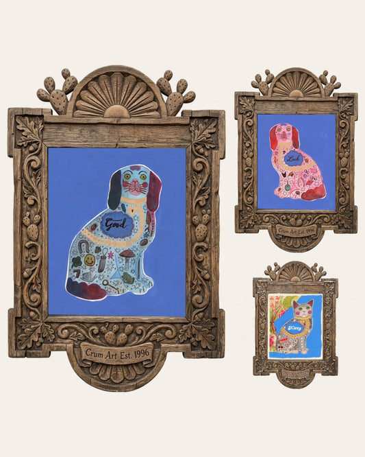 The Staffordshire Set — set of 3 wall art: Blue Staffordshire Good Dog, Pink Staffordshire Luck Dog, Preppy Staffordshire Cat by Caya Crum | Crum Art