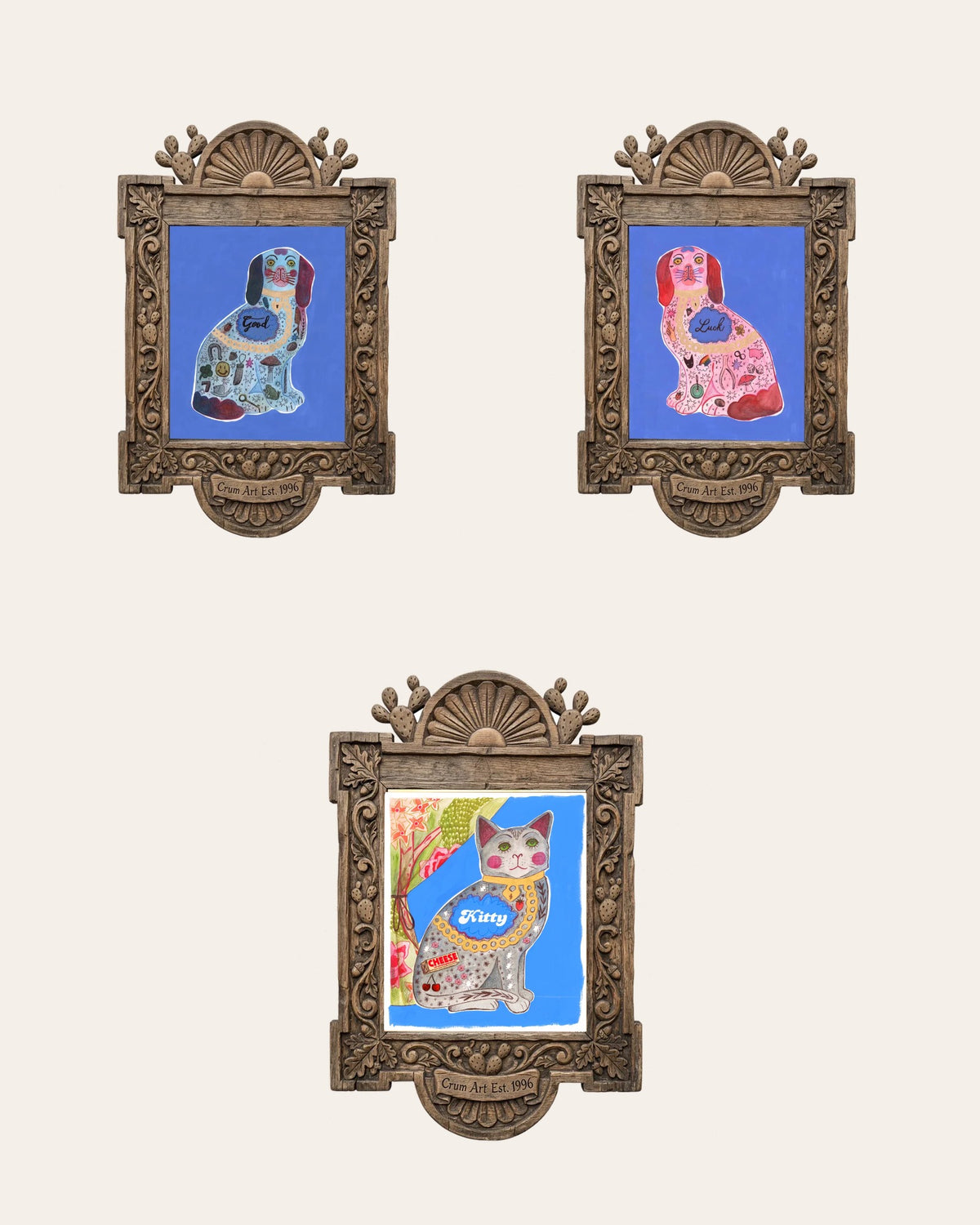 The Staffordshire Set — set of 3 wall art: Blue Staffordshire Good Dog, Pink Staffordshire Luck Dog, Preppy Staffordshire Cat by Caya Crum | Crum Art