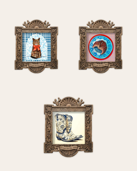 The Suki Set — set of 3 wall art: Suki Chinoiserie, Croissant on a Chinoiserie Plate, Floral Cowboy Boots by Crum Art