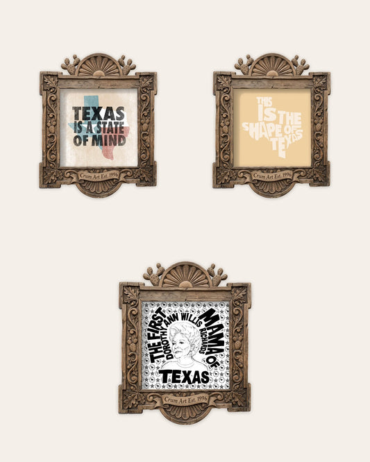 The Texas Set — set of 3 wall art: Texas State of Mind, This Is the Shape of Texas, Ann Richards Quote by Betsy Crum | Crum Art