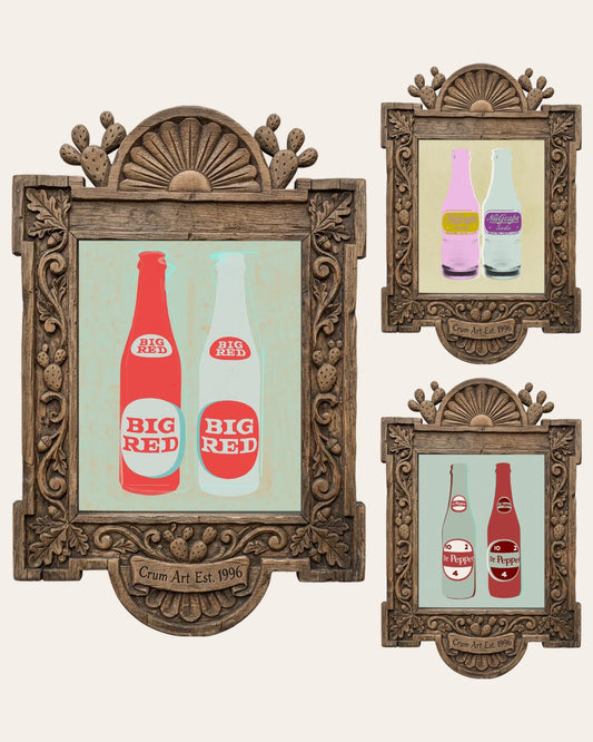 The Texas Soda Set — set of 3 wall art: NuGrape Soda, Twin 10 2 4 Bottles Print, Big Red Two Bottles by Betsy Crum | Crum Art