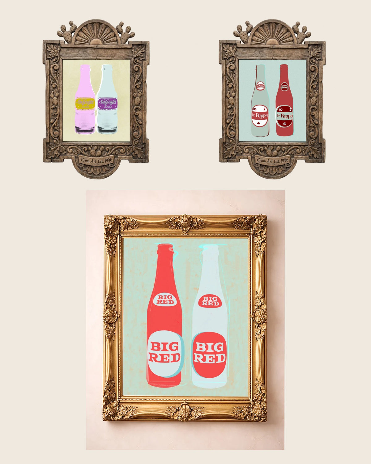 The Texas Soda Set — set of 3 wall art: NuGrape Soda, Twin 10 2 4 Bottles Print, Big Red Two Bottles by Betsy Crum | Crum Art