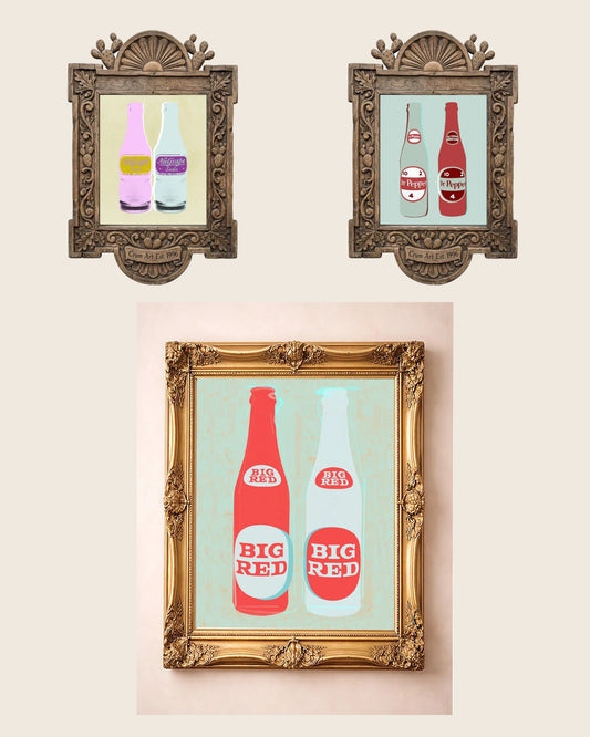 The Texas Soda Set — set of 3 wall art: NuGrape Soda, Twin 10 2 4 Bottles Print, Big Red Two Bottles by Betsy Crum | Crum Art