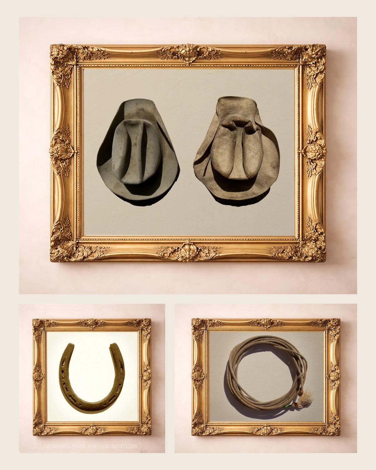 The Texas West Set — Comp Arnold's cowboy hats, lucky horseshoe and modern lariat, set of 3 western wall art prints by Carl Crum, framed