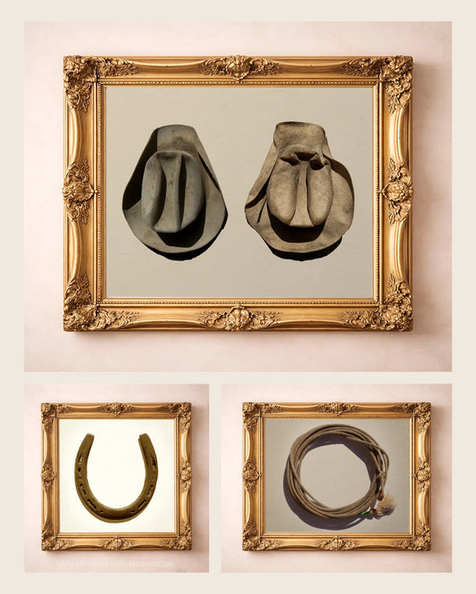 The Texas West Set — Comp Arnold's cowboy hats, lucky horseshoe and modern lariat, set of 3 western wall art prints by Carl Crum, framed