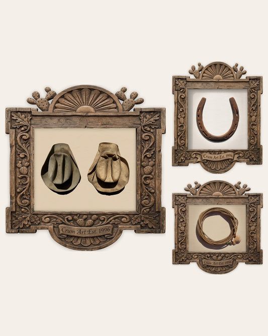 The Texas West Set — Comp Arnold's cowboy hats, lucky horseshoe and modern lariat, set of 3 western wall art prints by Carl Crum, framed