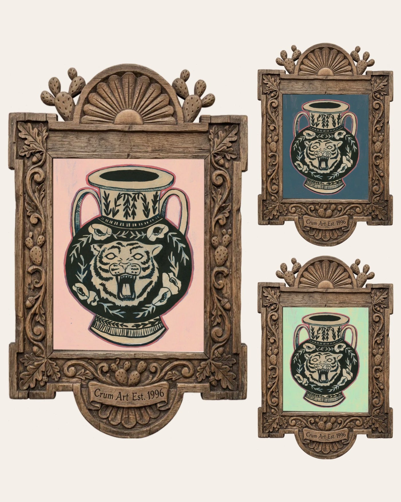 The Tiger Amphora Set — set of 3 wall art: Amphora Blush Pink, Slate Blue, Mint Green by Caya Crum | Crum Art