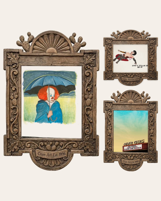 The Tim Curry Set — set of 3 halloween wall art prints by Caya Crum in carved wood frames, Crum Art
