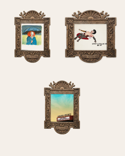The Tim Curry Set — set of 3 halloween wall art prints by Caya Crum in carved wood frames, Crum Art