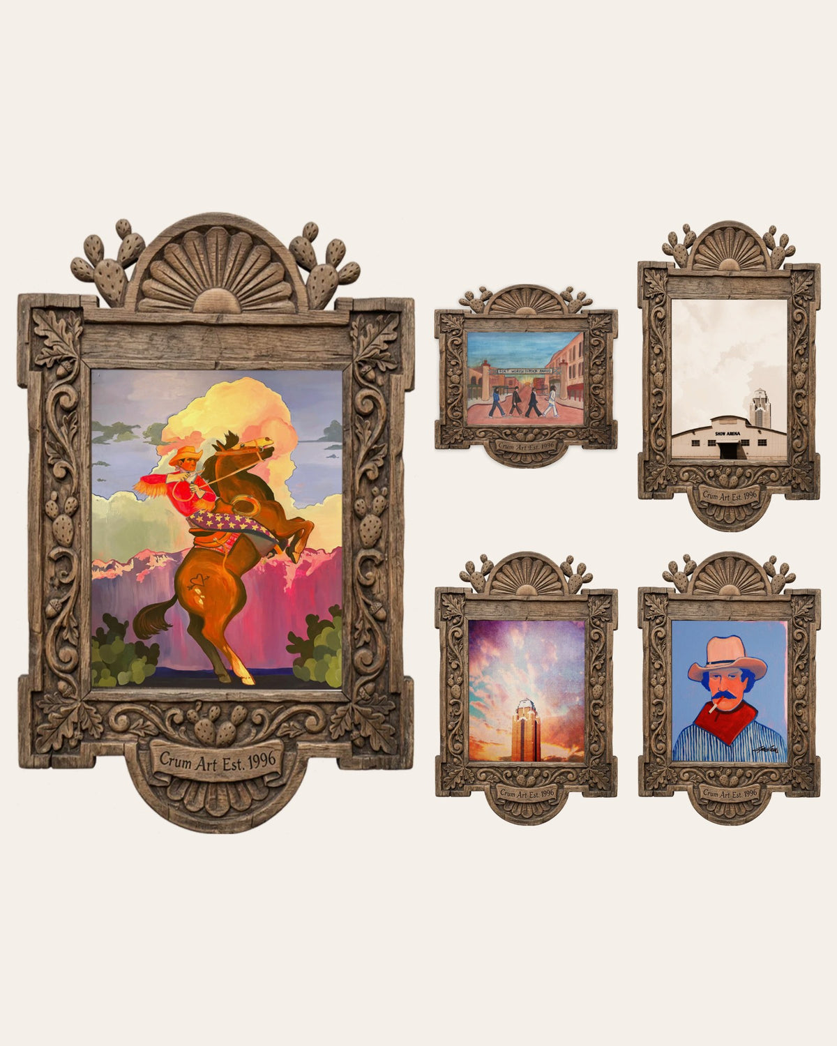 The Top Five Set — 5 piece wall art: Bucking Horse Rainbow Sky, Stockyards Beatles Crossing, Show Arena, Will Rogers Tower and Clyde by Crum Art