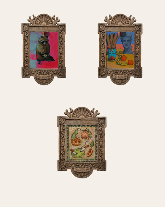 The Weirdcore Set — set of 3 weirdcore art prints by Caya Crum in carved wood frames, Crum Art