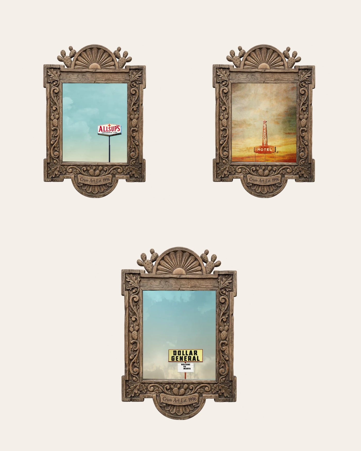 The West Texas Set — set of 3 wall art: Allsup's Under a Big Sky, Stardust Sign, Dollar General Marfa by Betsy Crum | Crum Art