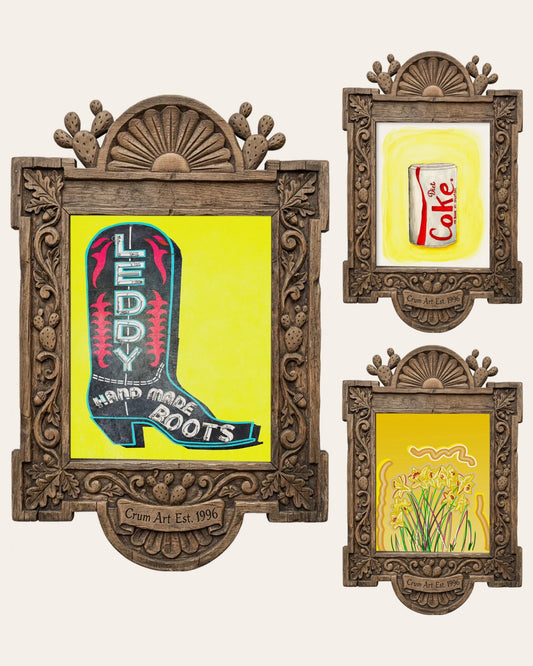 The Yellow Set — set of 3 wall art: Fridge Cig Neat, Daffodils on Yellow, Leddy Boot Yellow Print by Crum Art | Crum Art