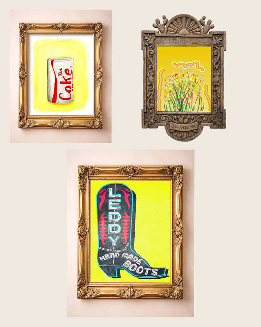 The Yellow Set — set of 3 wall art: Fridge Cig Neat, Daffodils on Yellow, Leddy Boot Yellow Print by Crum Art | Crum Art