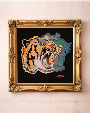 Floral Tiger on Black — tiger art print by Caya Crum in a square gold frame