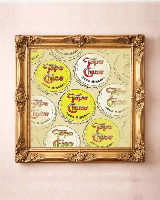 Topo Chico bottle caps art print by Betsy Crum in a square gold frame
