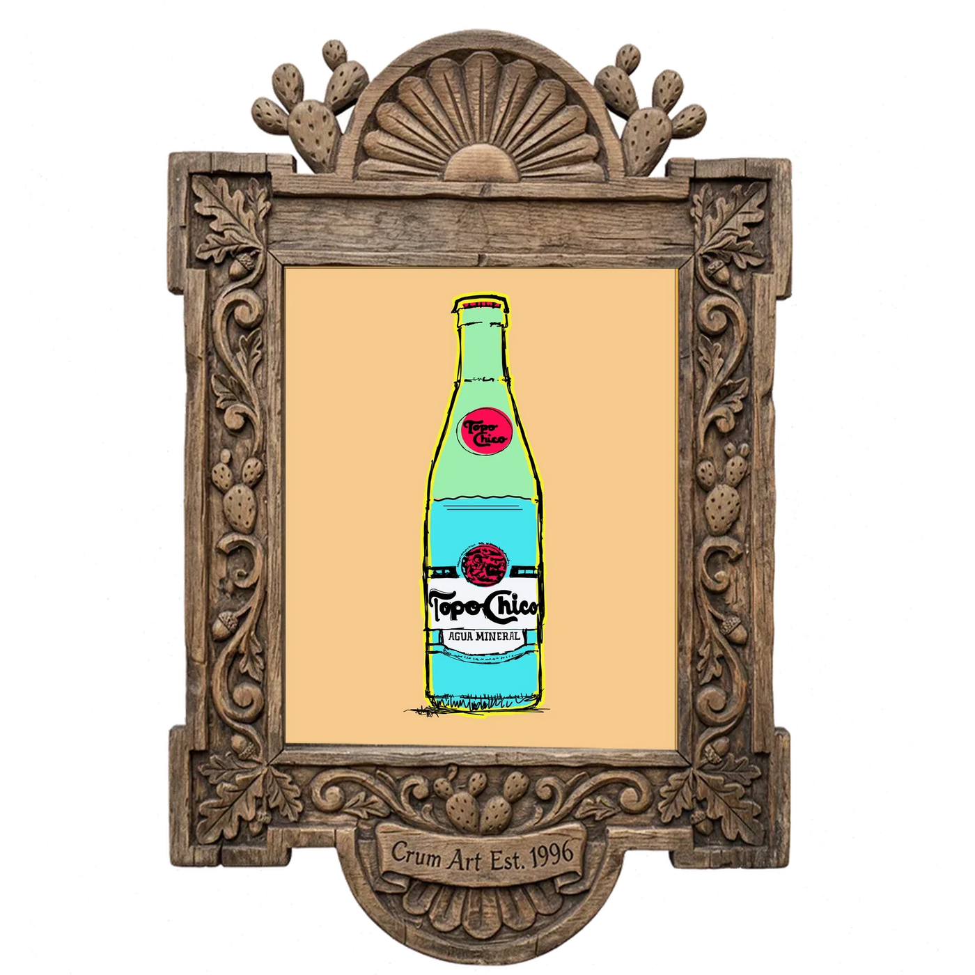 Topo Chico Line Drawing Bottle — art print in a carved wood frame, Crum Art
